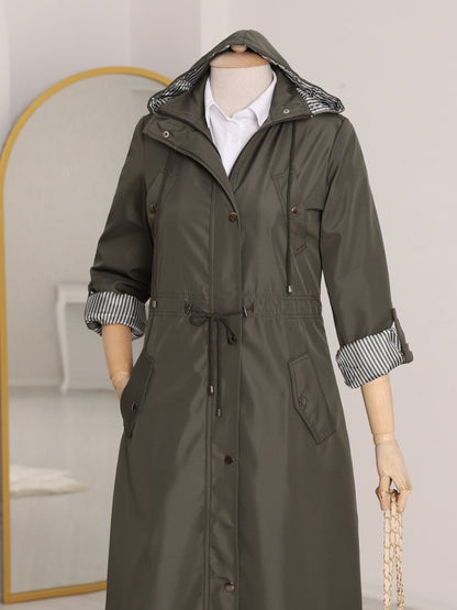 Astarı Çizgili Trençkot    -Haki