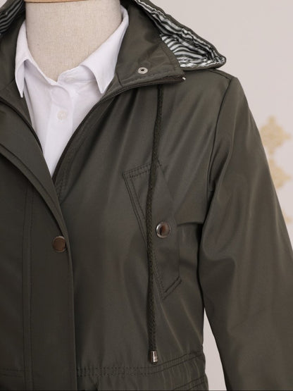 Astarı Çizgili Trençkot    -Haki