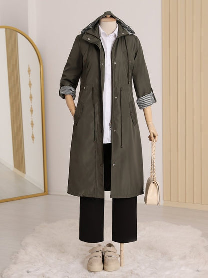 Astarı Çizgili Trençkot    -Haki