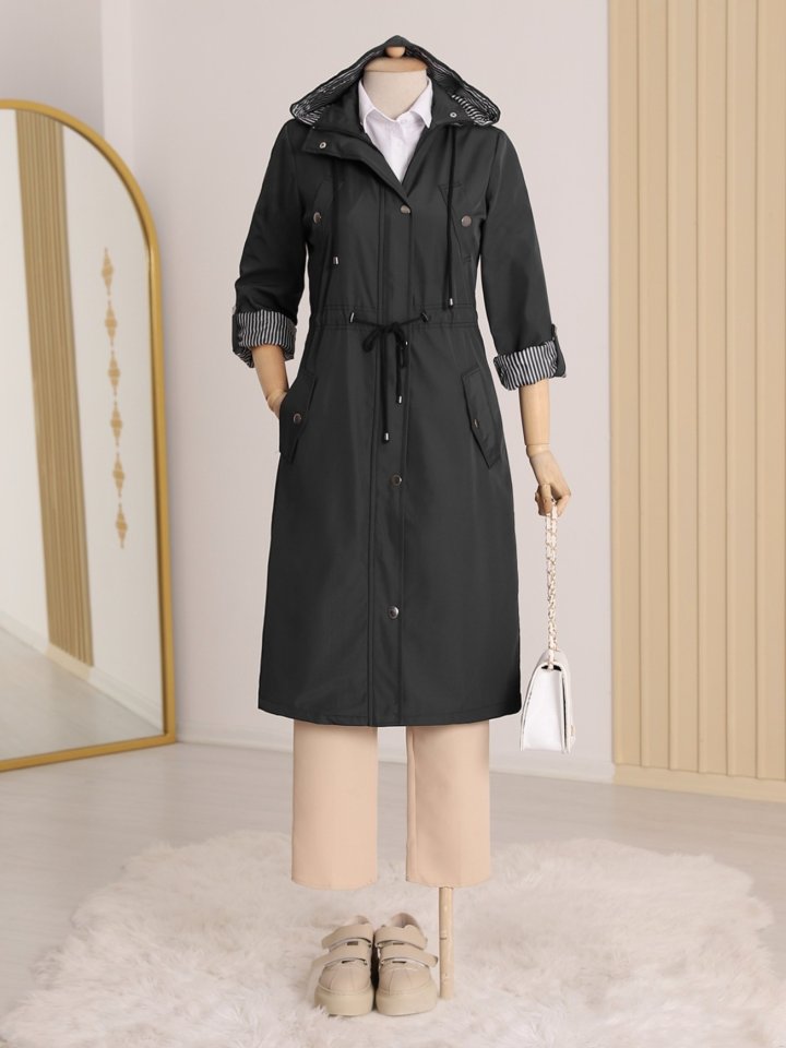 Astarı Çizgili Trençkot    -Siyah