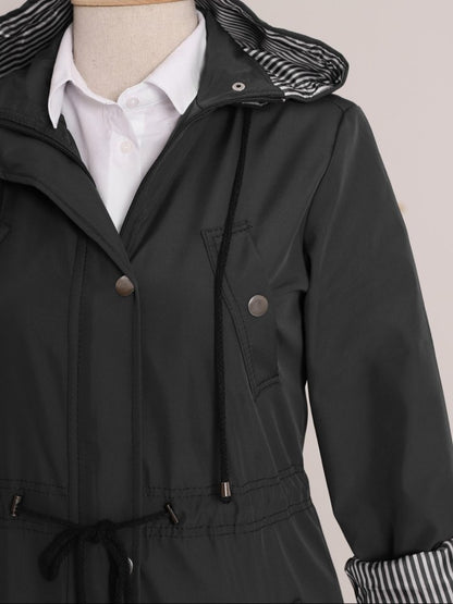 Astarı Çizgili Trençkot    -Siyah