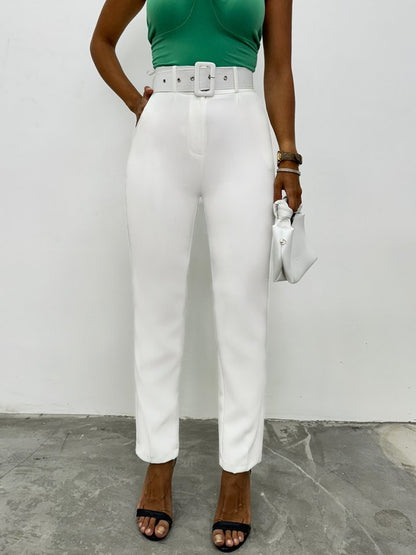 Kalın Kemerli Kumaş Pantalon   -Ekru