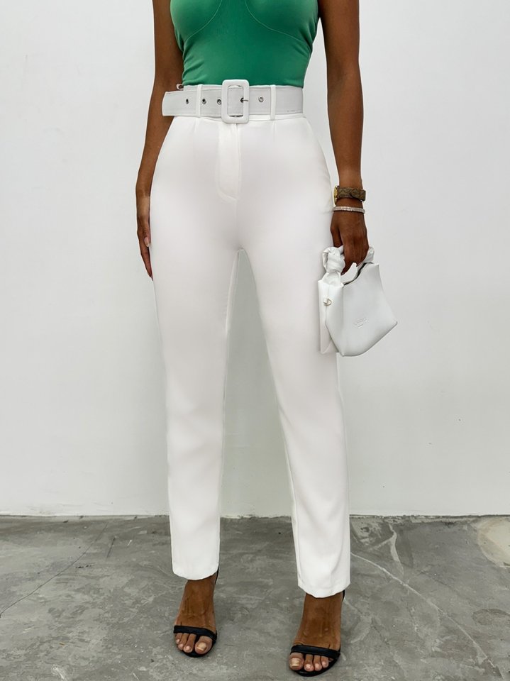 Kalın Kemerli Kumaş Pantalon   -Ekru