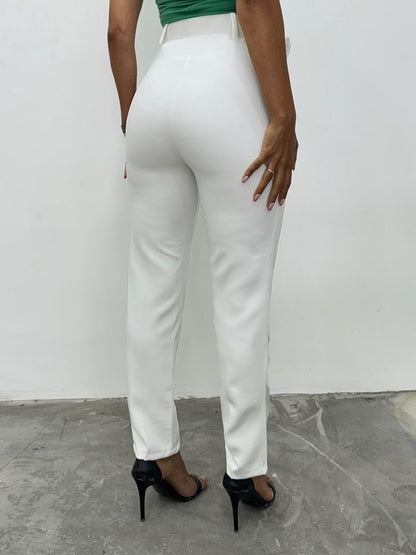 Kalın Kemerli Kumaş Pantalon   -Ekru