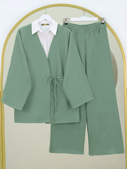 Önden Bağlamalı Pantolonlu Kimono Takım-Mint