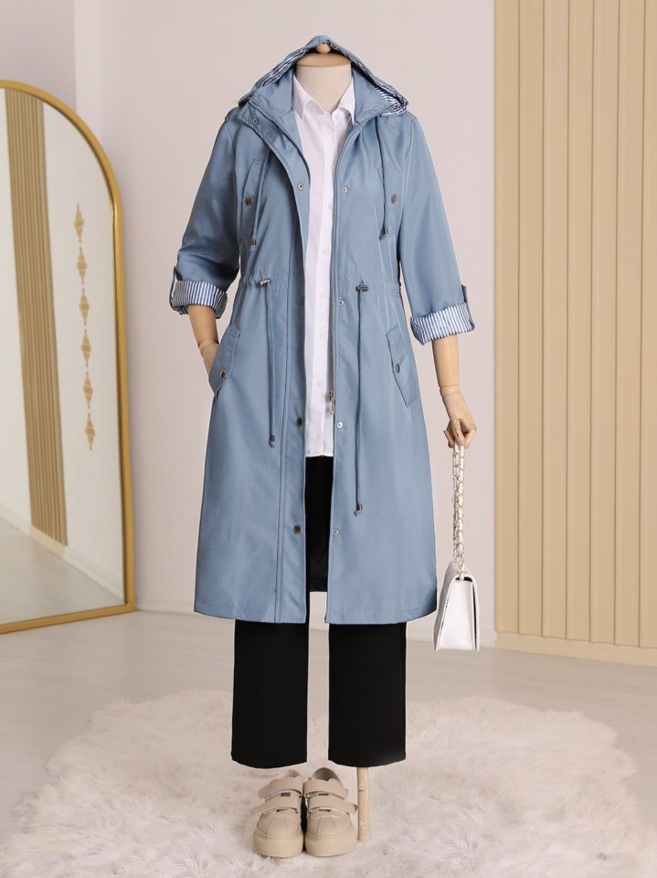 Astarı Çizgili Trençkot     -Mavi
