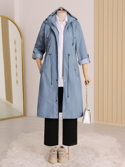 Astarı Çizgili Trençkot     -Mavi