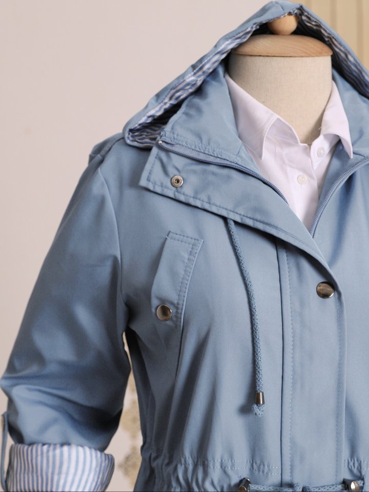 Astarı Çizgili Trençkot     -Mavi