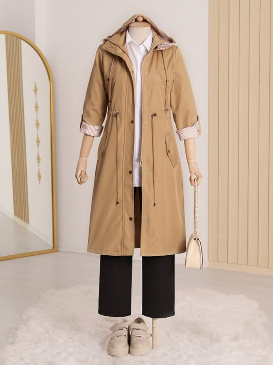 Astarı Çizgili Trençkot      -Vizon