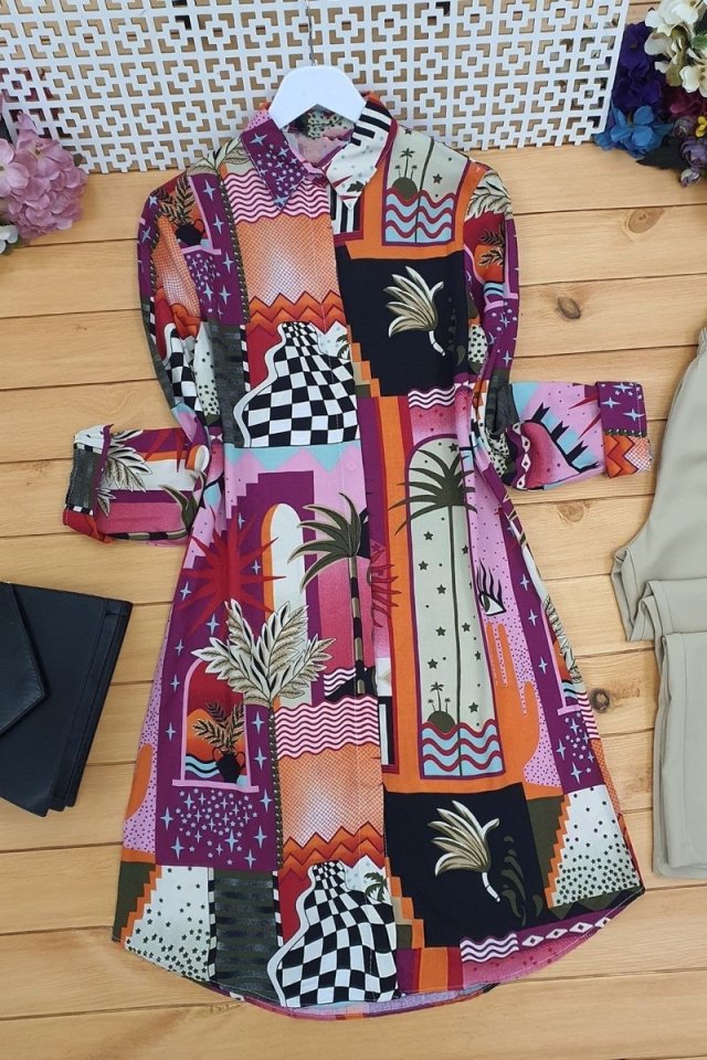 Baskılı Uzun Tunik -Turuncu