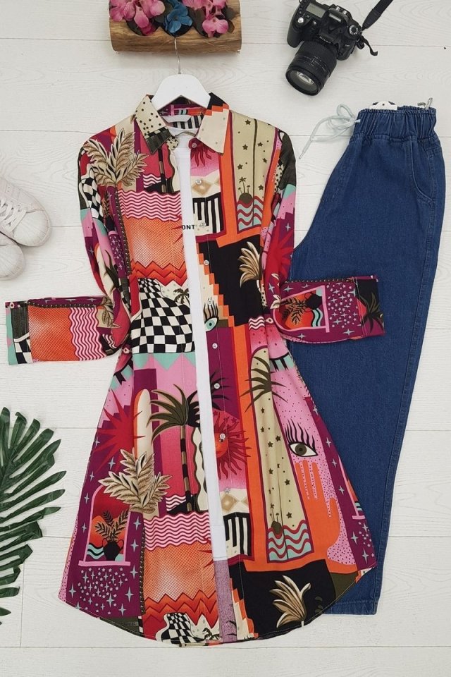 Baskılı Uzun Tunik -Turuncu