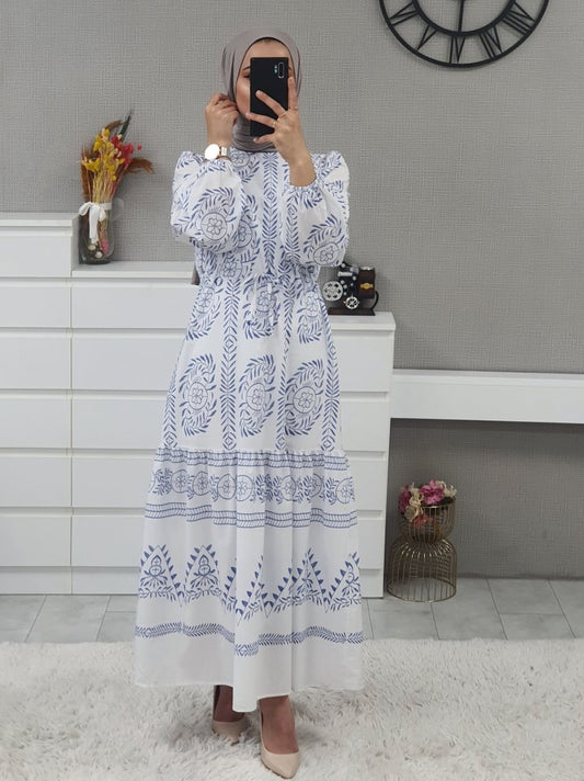 Tünel Bağcıklı Uzun Elbise -Beyaz