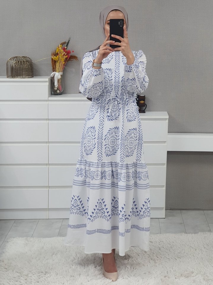 Tünel Bağcıklı Uzun Elbise -Beyaz