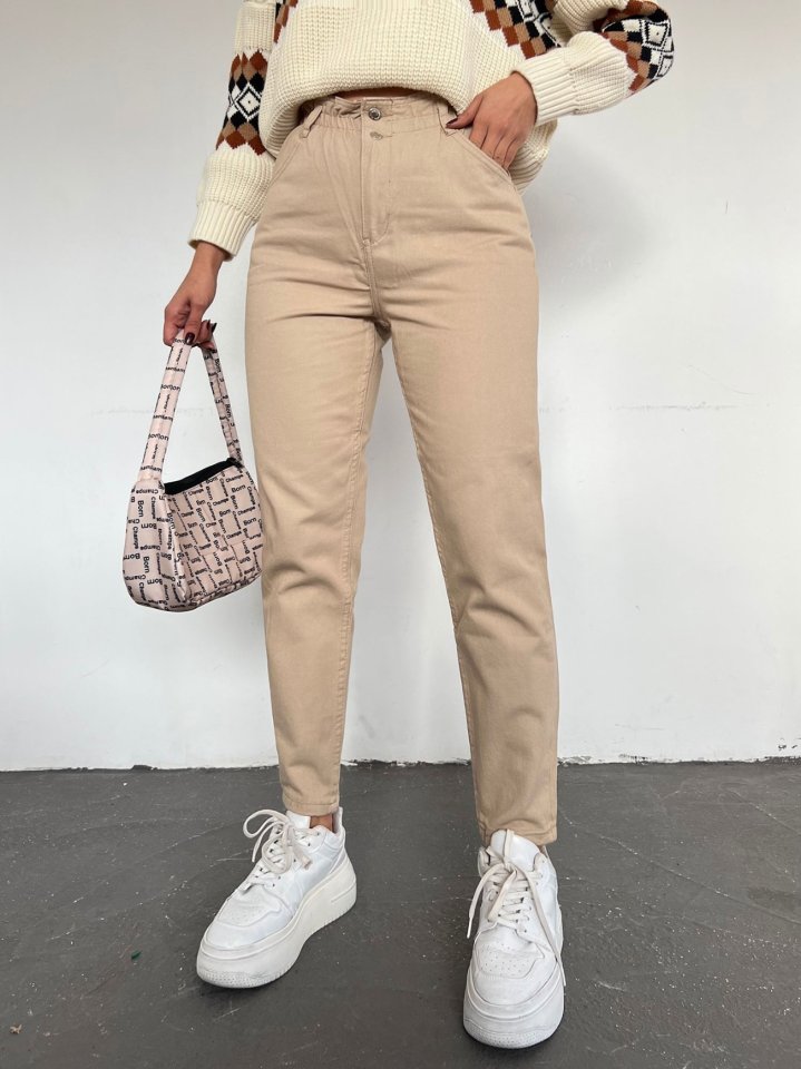 Beli Lastikli Yüksek Bel Kot Pantolon -Vizon