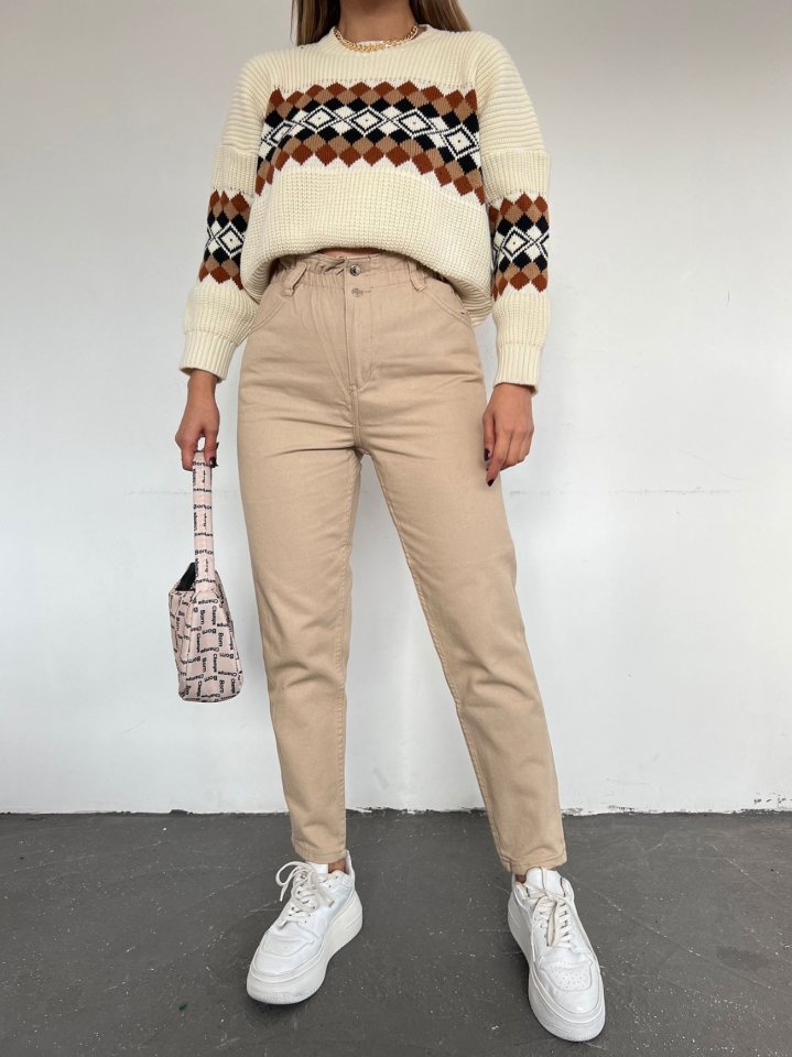 Beli Lastikli Yüksek Bel Kot Pantolon -Vizon