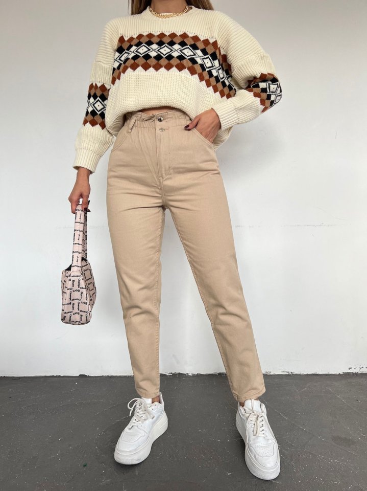 Beli Lastikli Yüksek Bel Kot Pantolon -Vizon