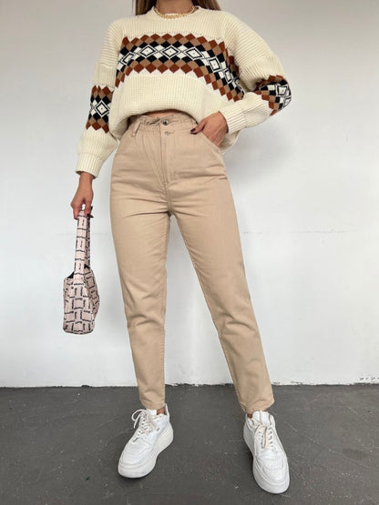 Beli Lastikli Yüksek Bel Kot Pantolon -Vizon