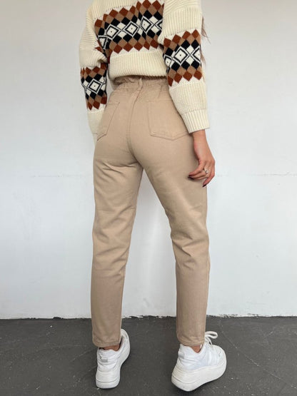 Beli Lastikli Yüksek Bel Kot Pantolon -Vizon