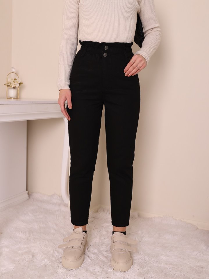 Beli Lastikli Yüksek Bel Kot Pantolon  -Siyah