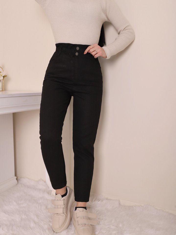 Beli Lastikli Yüksek Bel Kot Pantolon  -Siyah