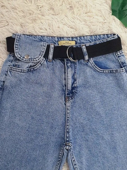 Metal Tokalı Kemerli Çıt Çıt Detaylı Kot Pantolon -Açık Mavi