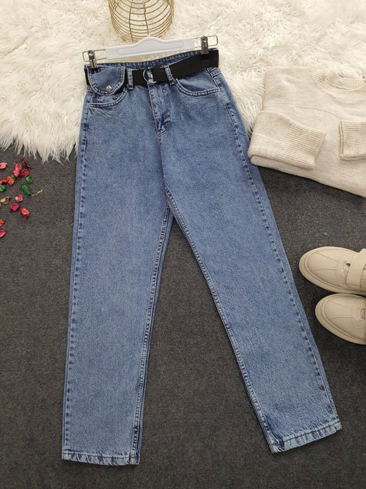 Metal Tokalı Kemerli Çıt Çıt Detaylı Kot Pantolon -Koyu Mavi