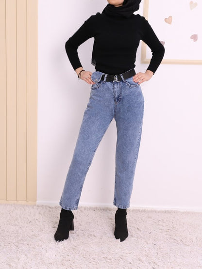 Metal Tokalı Kemerli Çıt Çıt Detaylı Kot Pantolon -Koyu Mavi