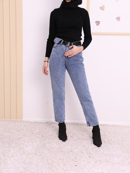 Metal Tokalı Kemerli Çıt Çıt Detaylı Kot Pantolon -Koyu Mavi