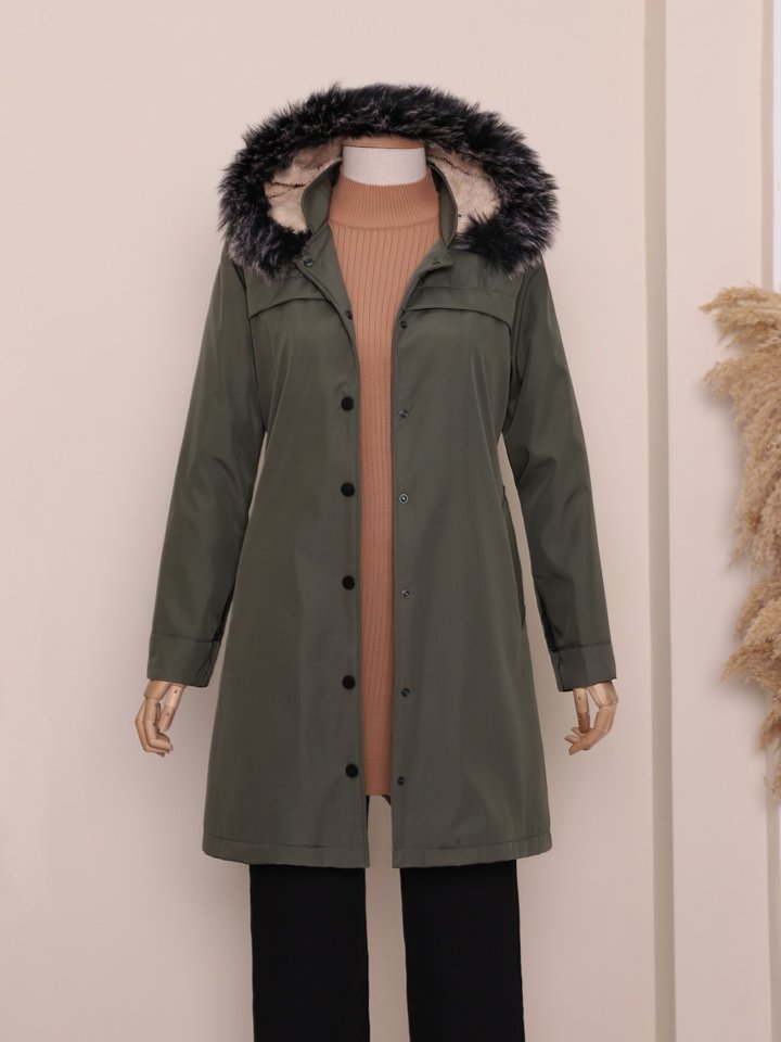 Çıkma Kapşonlu Çıtçıtlı Cepli Kısa Kaban -Haki