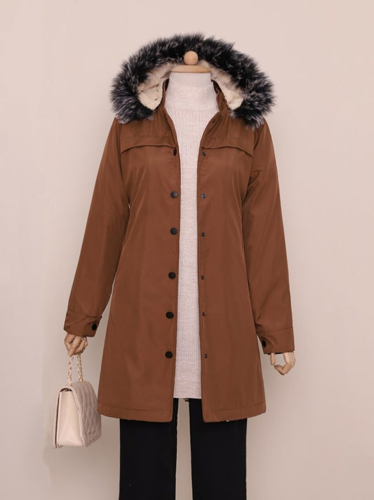 Çıkma Kapşonlu Çıtçıtlı Cepli Kısa Kaban -Taba