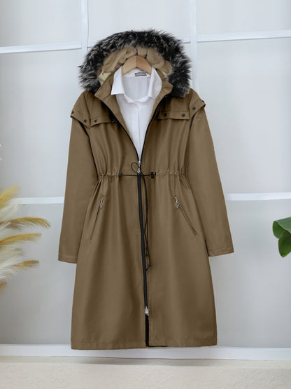 Çıkma Kapşonlu Yıldız Metal Detaylı Kaban -Taba