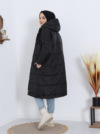 Sabit Kapşonlu Kuş Gözü Detaylı Uzun Kaban -Siyah