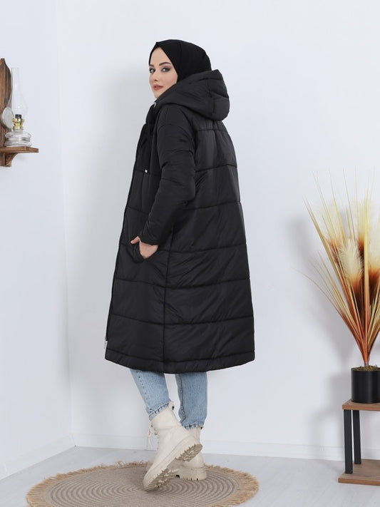 Sabit Kapşonlu Kuş Gözü Detaylı Uzun Kaban -Siyah