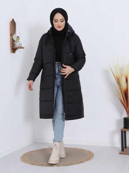 Sabit Kapşonlu Kuş Gözü Detaylı Uzun Kaban -Siyah