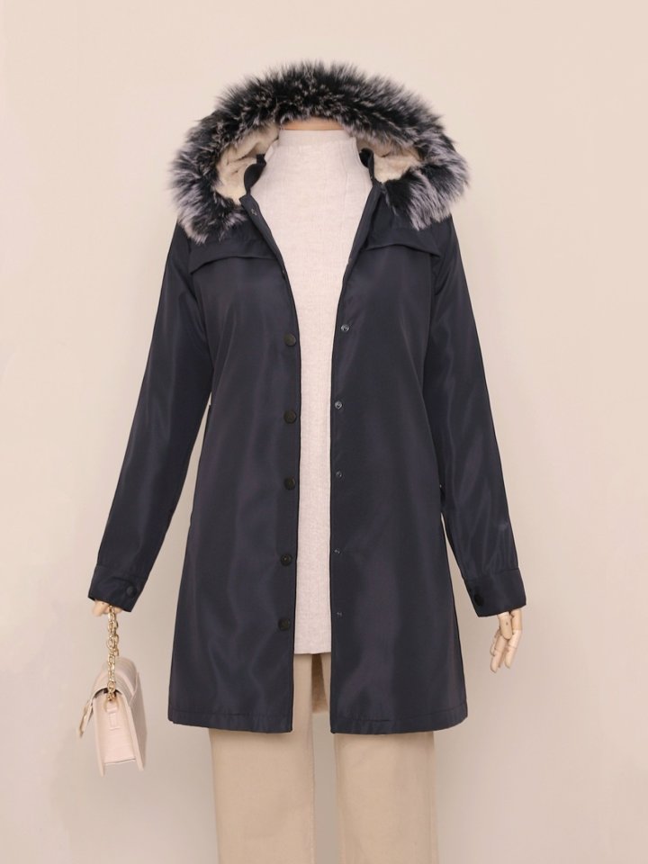 Çıkma Kapşonlu Çıtçıtlı Cepli Kısa Kaban  -Laci