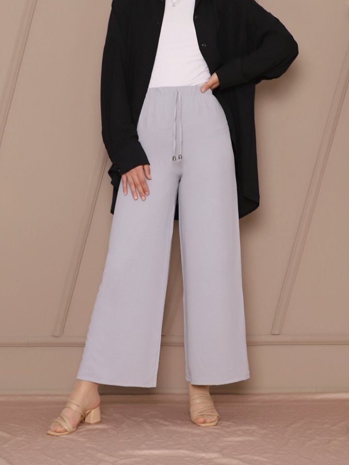 Bağcık Detaylı Bol Paça Beli Lastikli Pantolon -Gri