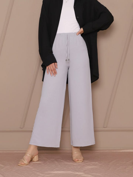 Bağcık Detaylı Bol Paça Beli Lastikli Pantolon -Gri
