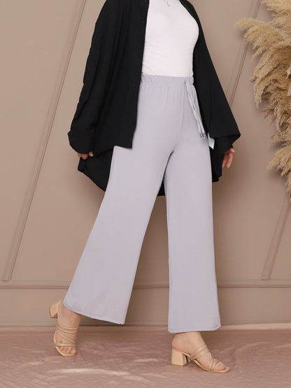 Bağcık Detaylı Bol Paça Beli Lastikli Pantolon -Gri