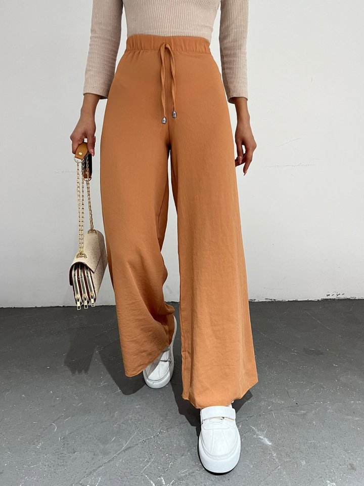 Bağcık Detaylı Bol Paça Beli Lastikli Pantolon-Kayısı Rengi