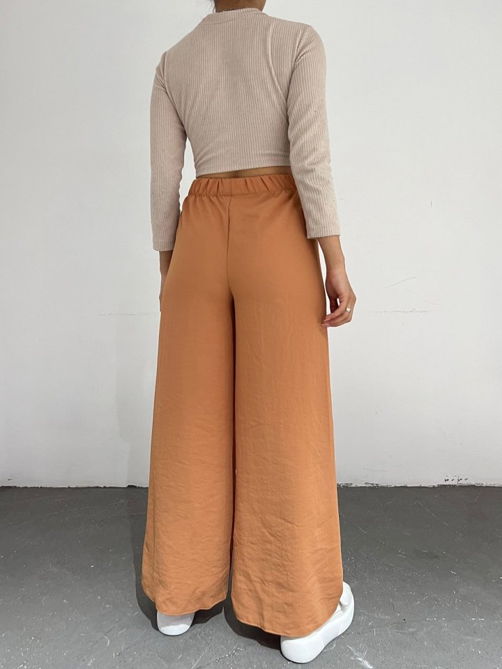 Bağcık Detaylı Bol Paça Beli Lastikli Pantolon-Kayısı Rengi