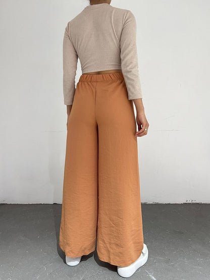 Bağcık Detaylı Bol Paça Beli Lastikli Pantolon-Kayısı Rengi
