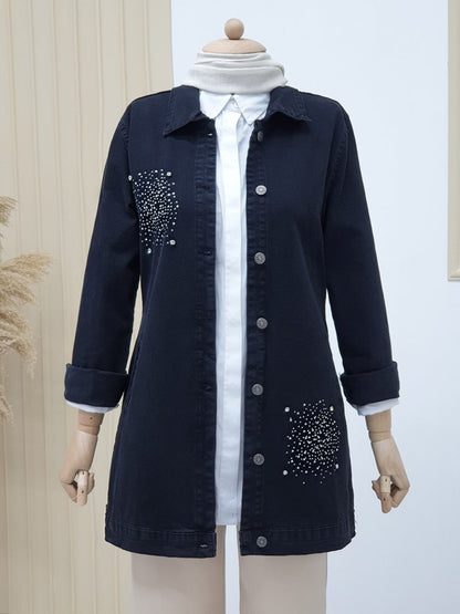 Önü Taş Detaylı Çift Cepli Kot Ceket -Siyah