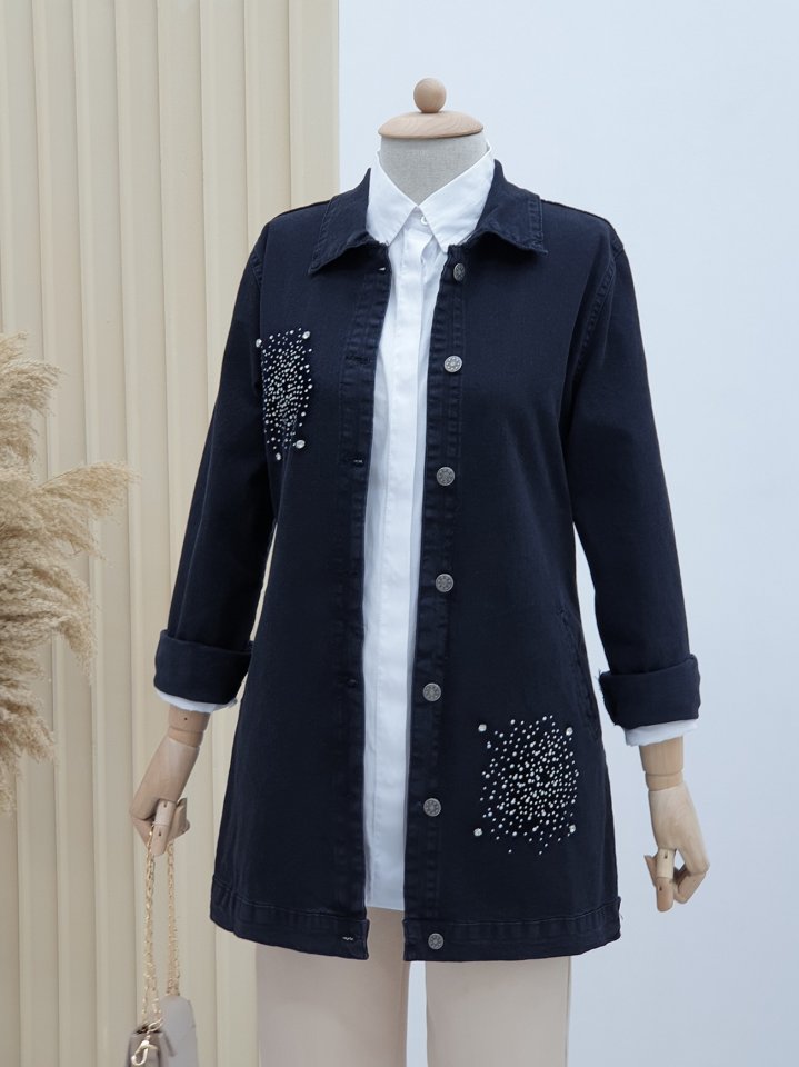 Önü Taş Detaylı Çift Cepli Kot Ceket -Siyah