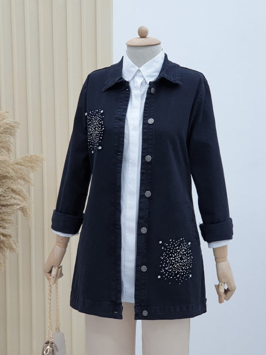 Önü Taş Detaylı Çift Cepli Kot Ceket -Siyah