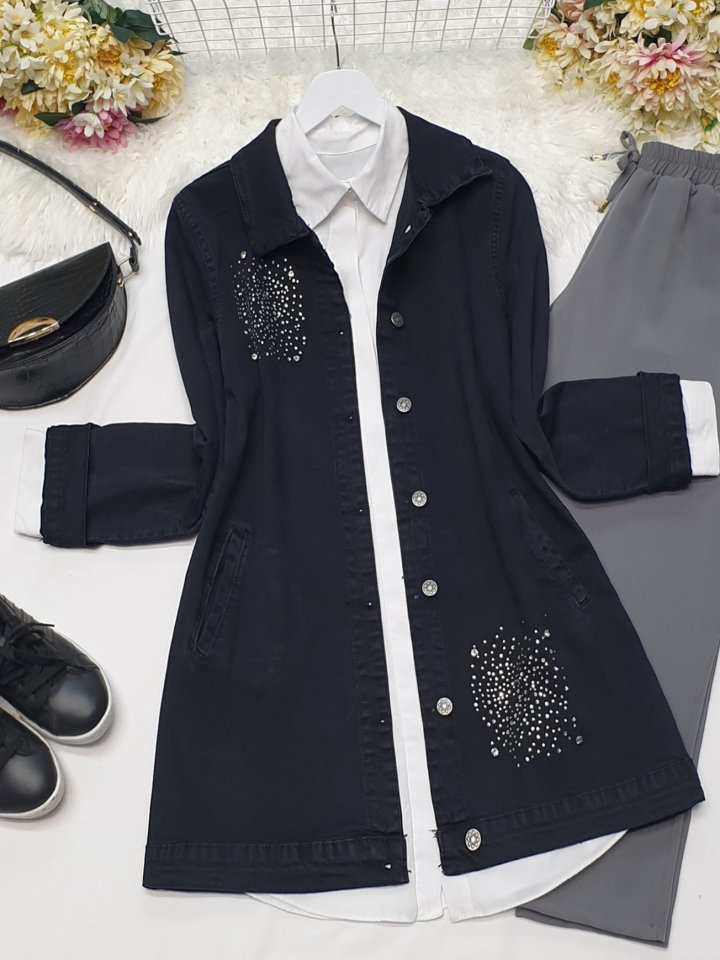 Önü Taş Detaylı Çift Cepli Kot Ceket -Siyah