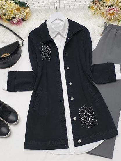 Önü Taş Detaylı Çift Cepli Kot Ceket -Siyah