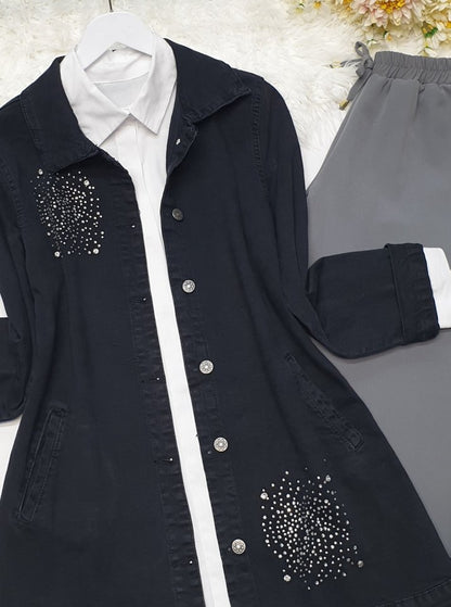 Önü Taş Detaylı Çift Cepli Kot Ceket -Siyah