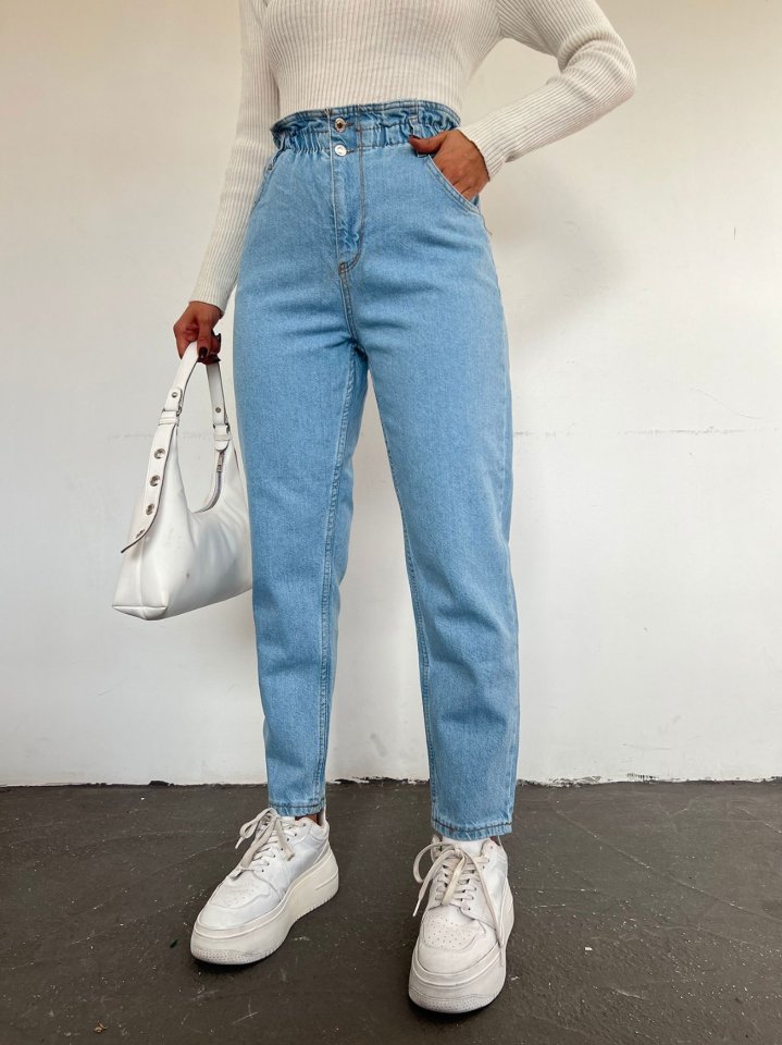 Beli Lastikli Yüksek Bel Kot Pantolon     -Açık Mavi