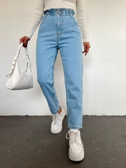 Beli Lastikli Yüksek Bel Kot Pantolon     -Açık Mavi