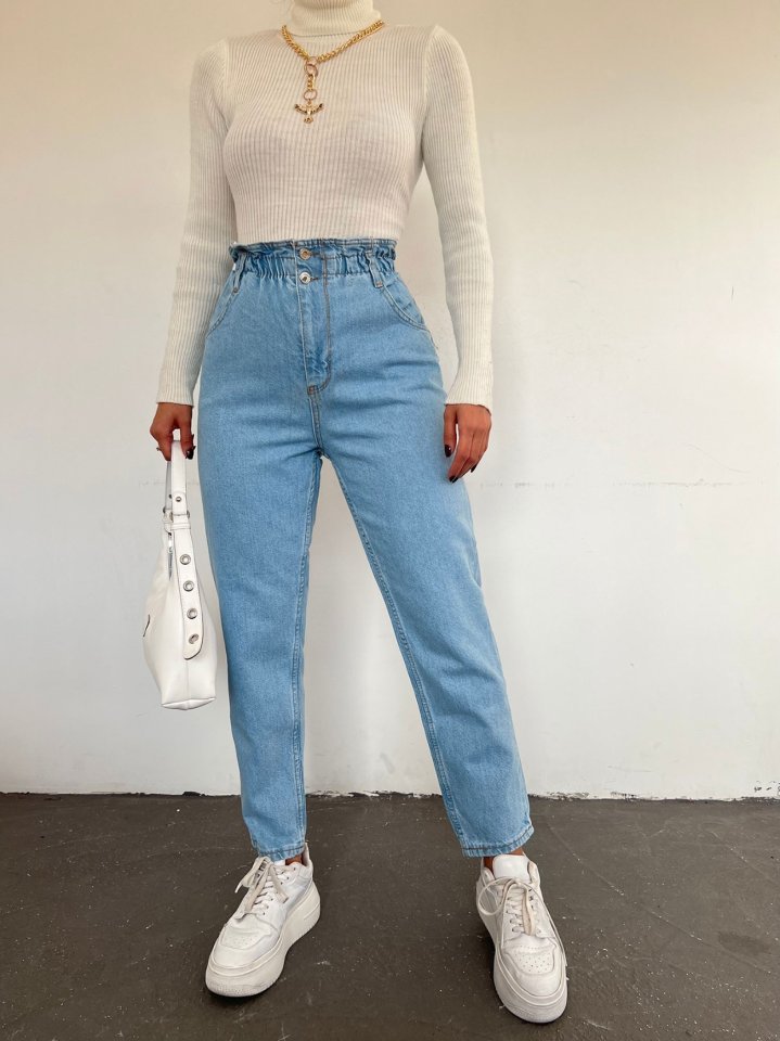 Beli Lastikli Yüksek Bel Kot Pantolon     -Açık Mavi